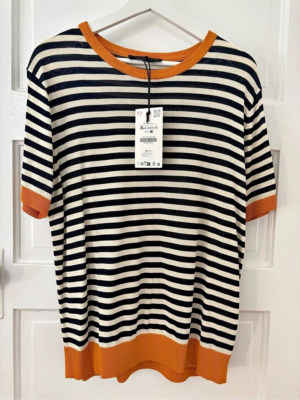 Zara Striped Knit Top Crew Neck Black & Orange XL